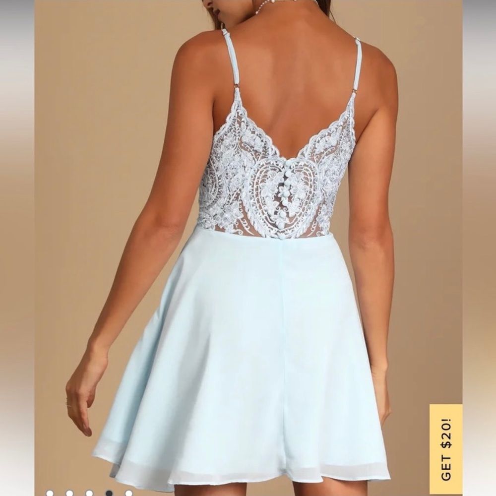 Lulus Flirting with Forever Light Blue Lace Button Back Skater Dress LARGE
